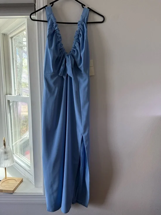 Abercrombie & Fitch Sky Blue Ruched V-Neck Midi Dress - Picture 3 of 8